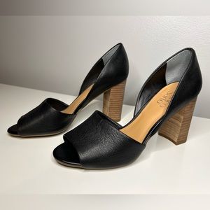 Franco Sarto - Emma Black Leather Open-Toe Stacked Heel - Size 8W